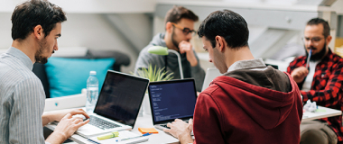 A group of employees working in the office on their laptops