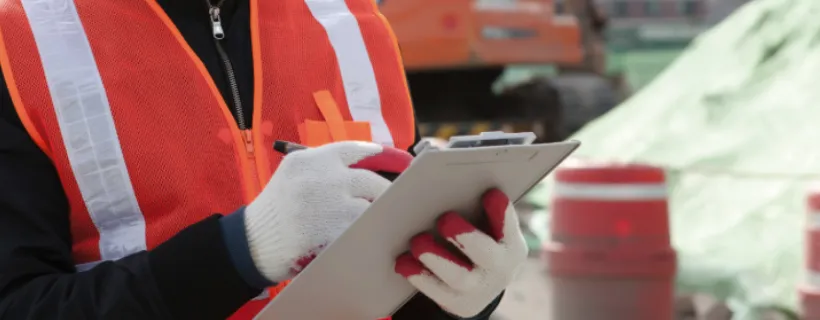 A construction worker with blood on their protective gloves on a site